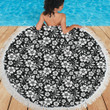 Floral Black White Themed Print Round Beach Towel