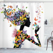Flowers With Butterfly Girl Colorful Pattern Printed Shower Curtain