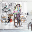 Lady Rides Bicycle Roses Oil Painting Shower Curtain Home Decor