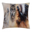 Old Feather Chief And Wolf Art Printed Cushion Cover