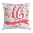 Floral 16th Birthday Pink Ribbon Art Printed Cushion Cover