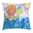 Swimming Wheel Girl Waves Sun Pattern Printed Cushion Cover