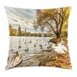 Swimming Swans In River Art Pattern Printed Cushion Cover