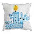 Boys Party Cake Candle Blue Pattern Printed Cushion Cover