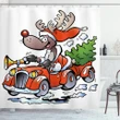 Reindeer In Red Car Printed Shower Curtain Home Decor