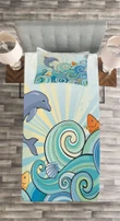 Cartoon Dolphin Ocean Printed Bedspread Set Home Decor