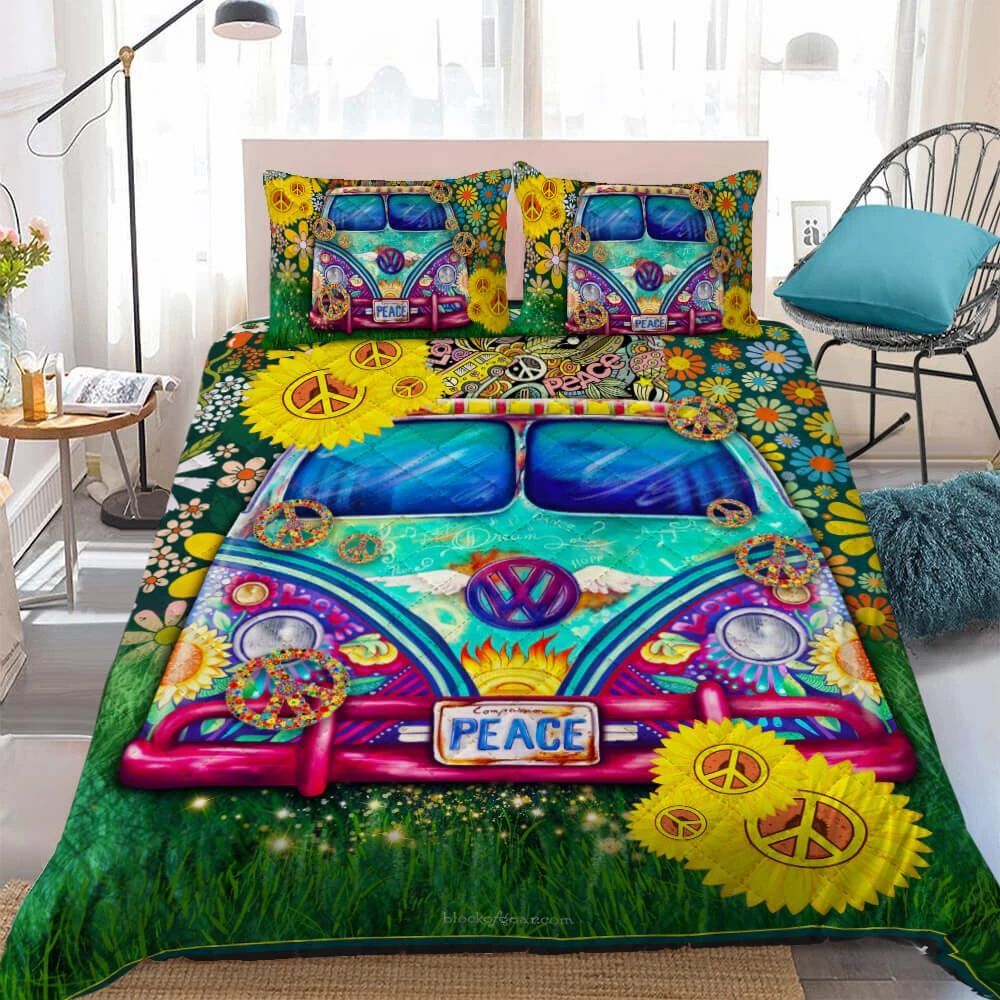 Sunflower Peace Van Hippie 3d Printed Quilt Set Home Decoration