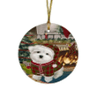 Pretty Maltese Dog Round Flat Ornament Green And Red Pattern