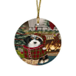 Cute Bernedoodle Dog Round Flat Ornament Green And Red Pattern