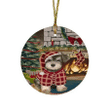 Red Pattern The Stocking Was Hung Schnauzer Dog Round Flat Ornament