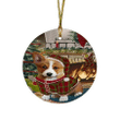 Cute Face Corgi Dog Round Flat Ornament Green And Red Pattern