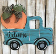 Blue Truck With Pumpkin Welcome Wooden Custom Door Sign Home Decor