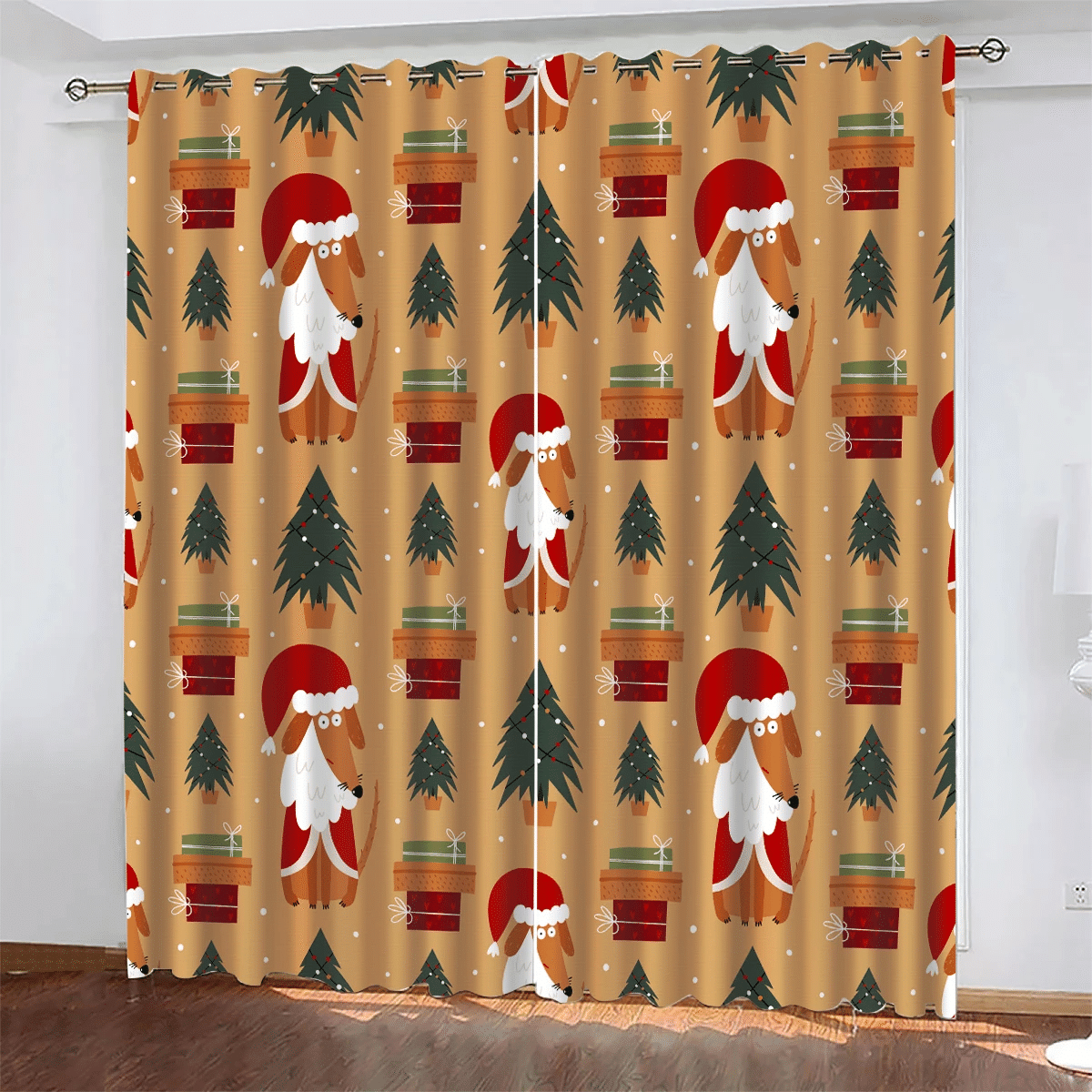 Christmas Background Dachshunds With Santa Claus Window Curtains Door Curtains Home Decor