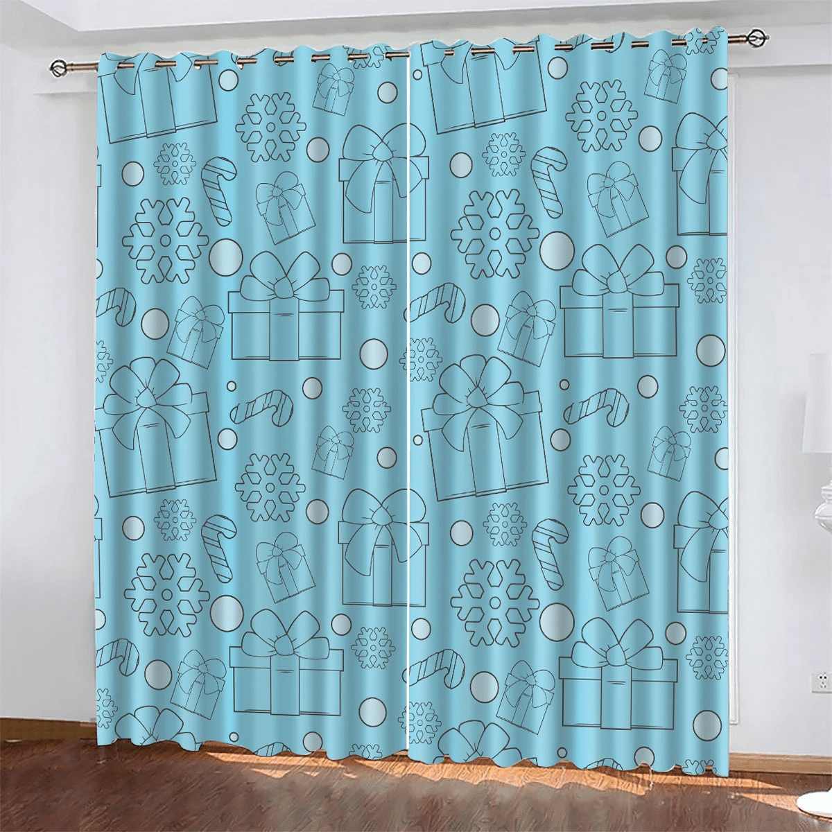 Blue Background Hand Drawn Gift Boxes With Candy Canes Snowflakes Pattern Window Curtains Door Curtains Home Decor