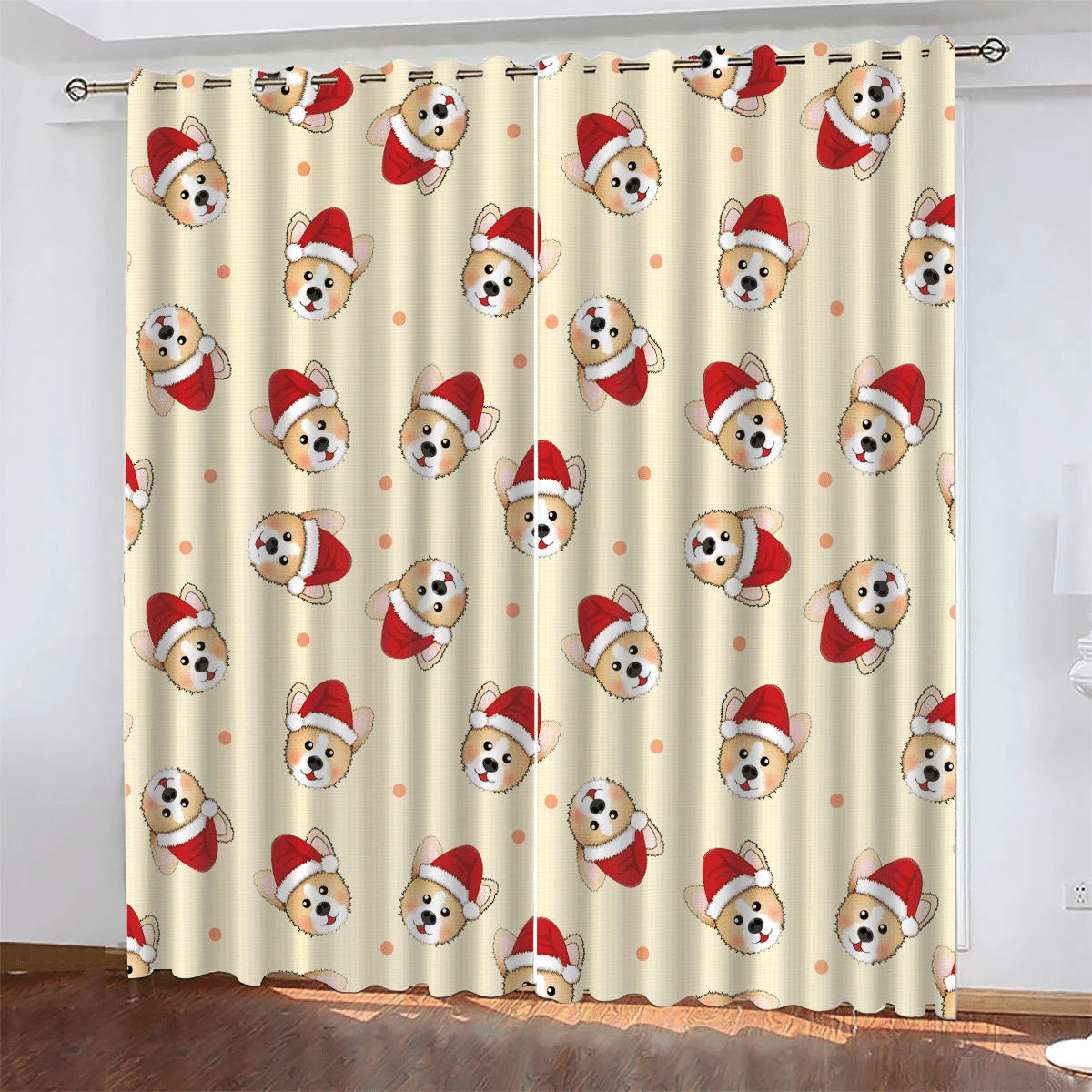 Corgi Santa Claus On Beige Ivory Background Window Curtains Door Curtains Home Decor