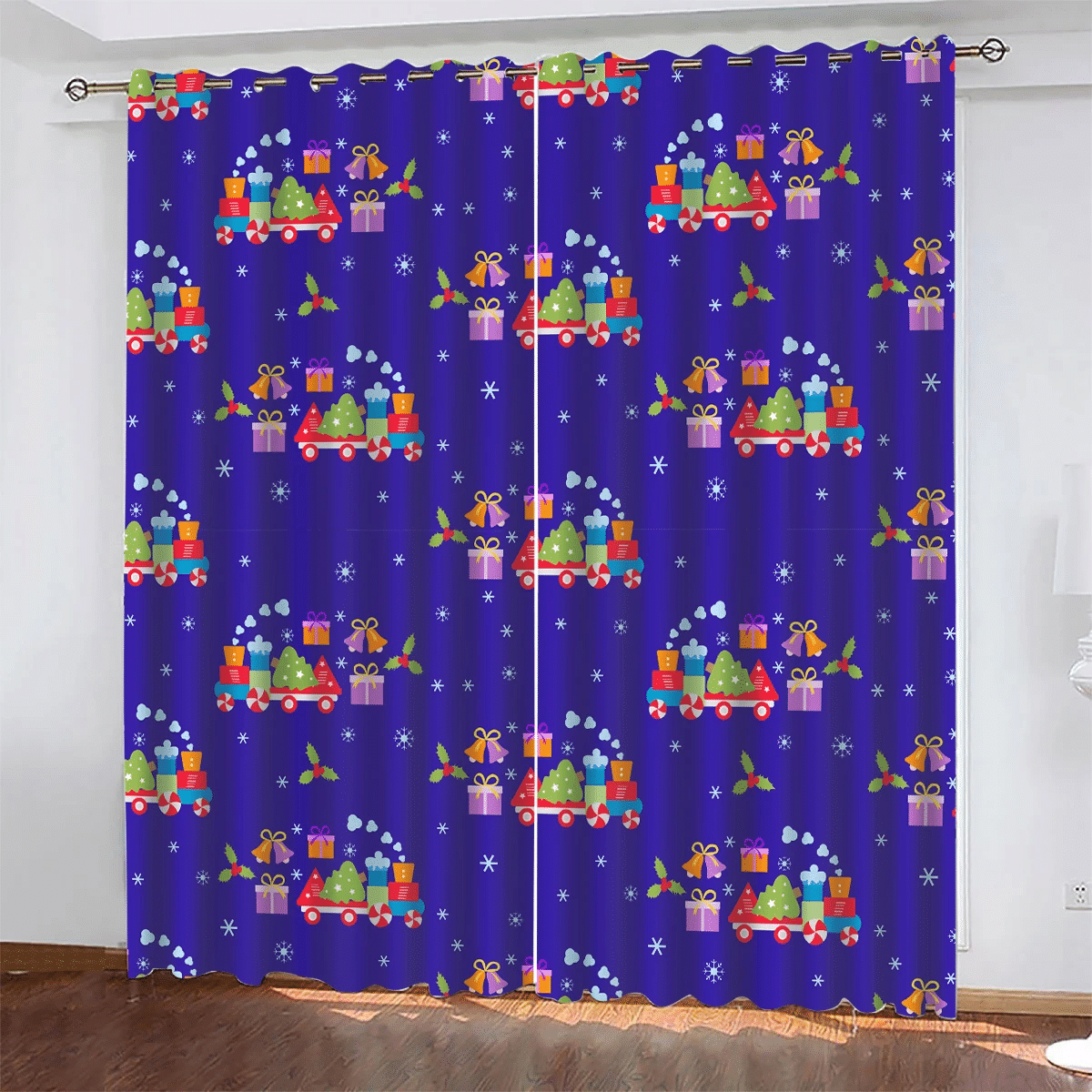 Colorful Train Carrying Trees Gifts With Bells Pattern Window Curtains Door Curtains Home Decor