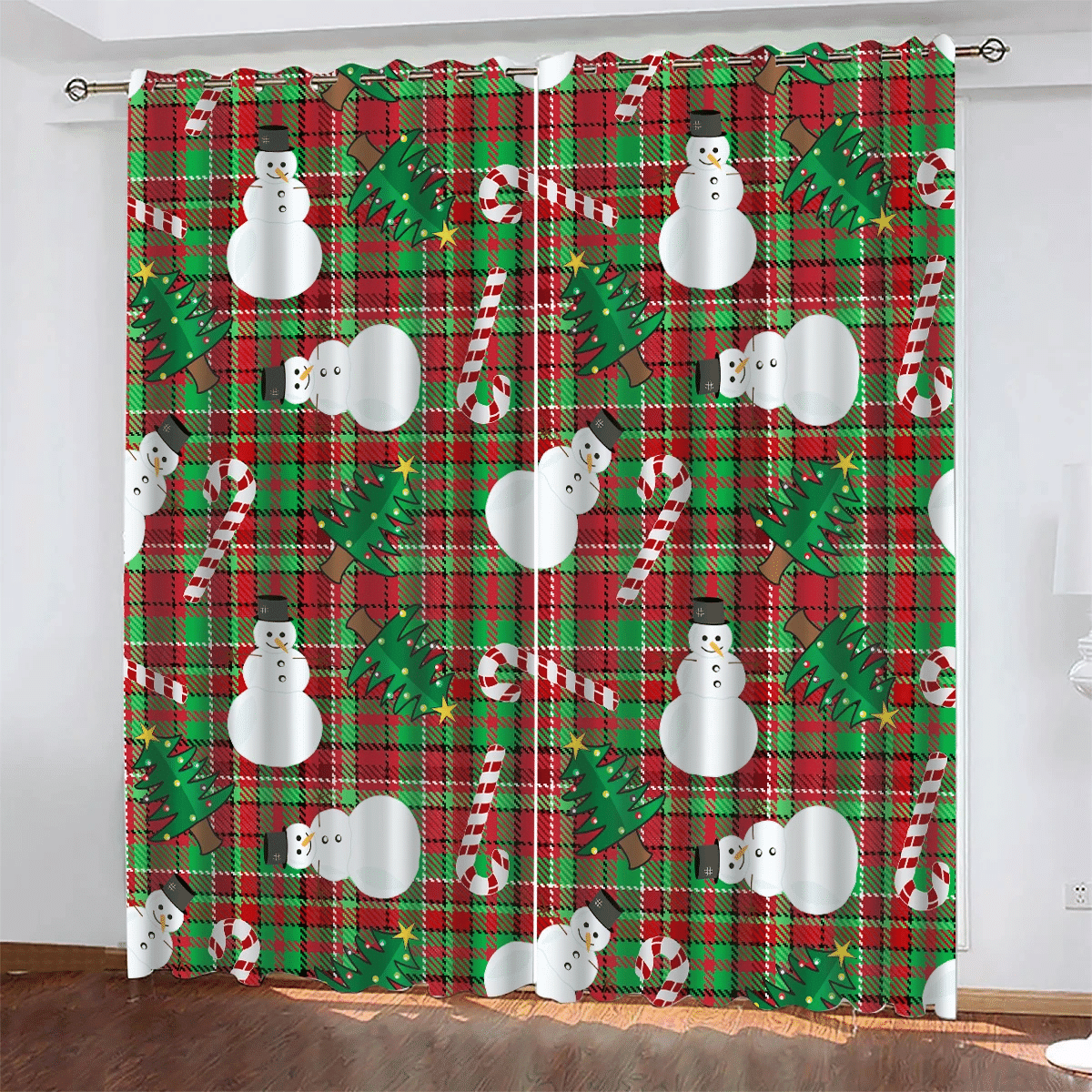 Christmas Tree Snowman And Candy On Over Checkered Window Curtains Door Curtains Home Decor