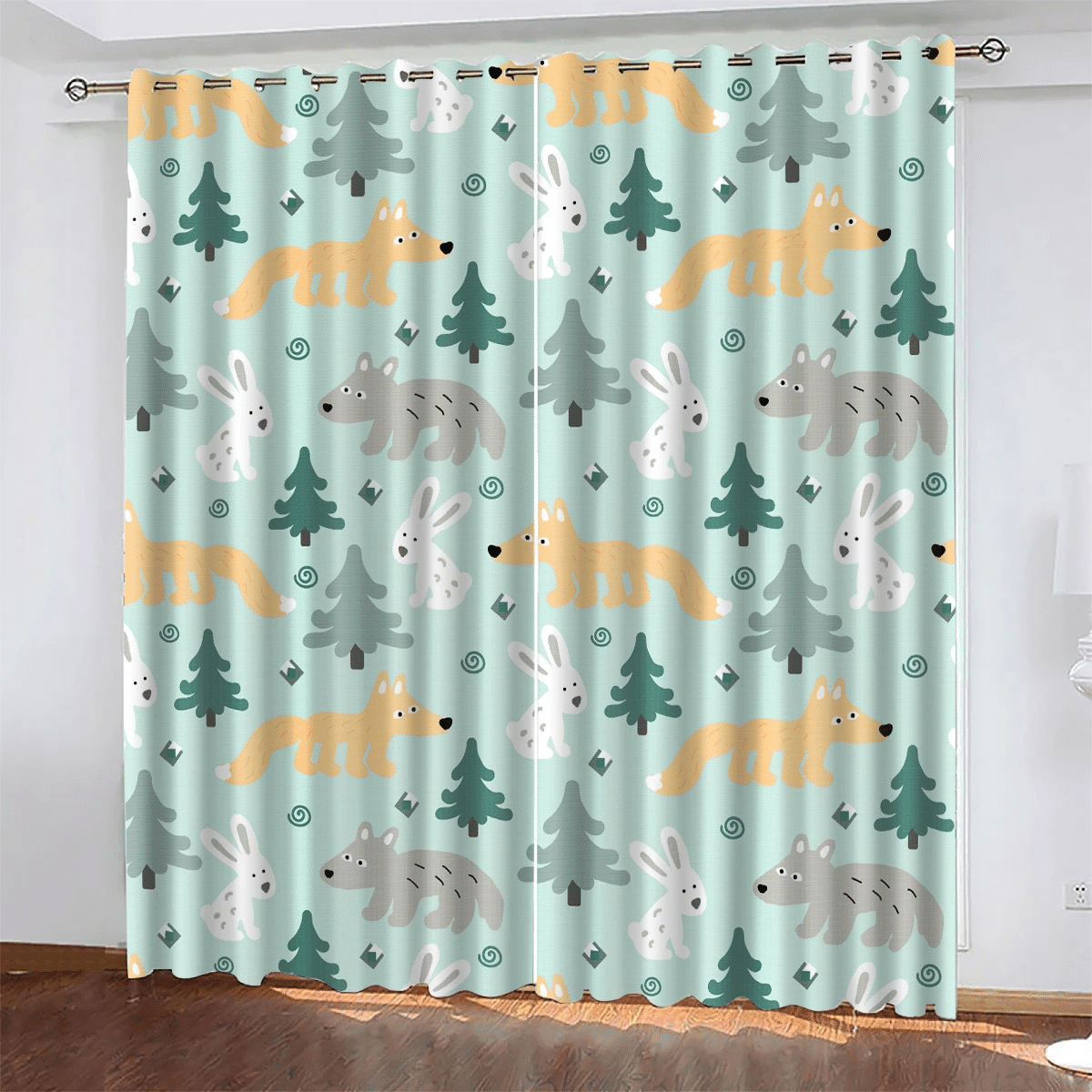Christmas Trees And Wolf On A Light Background Window Curtains Door Curtains Home Decor