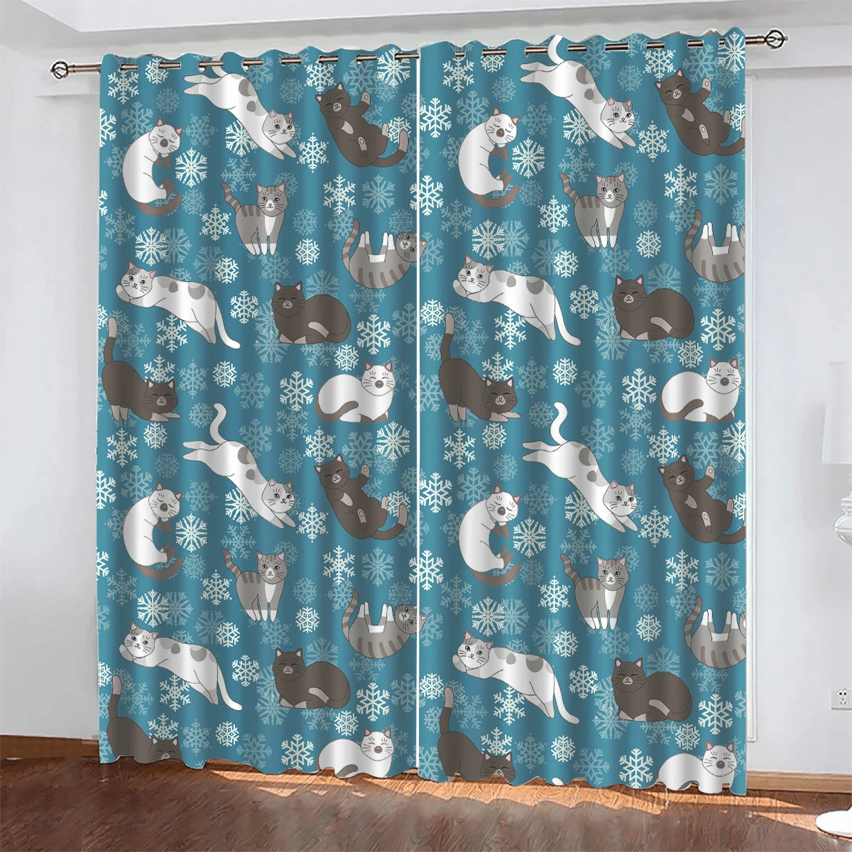 Sleeping And Playing Cat On Blue Snowflakes Window Curtains Door Curtains Home Decor