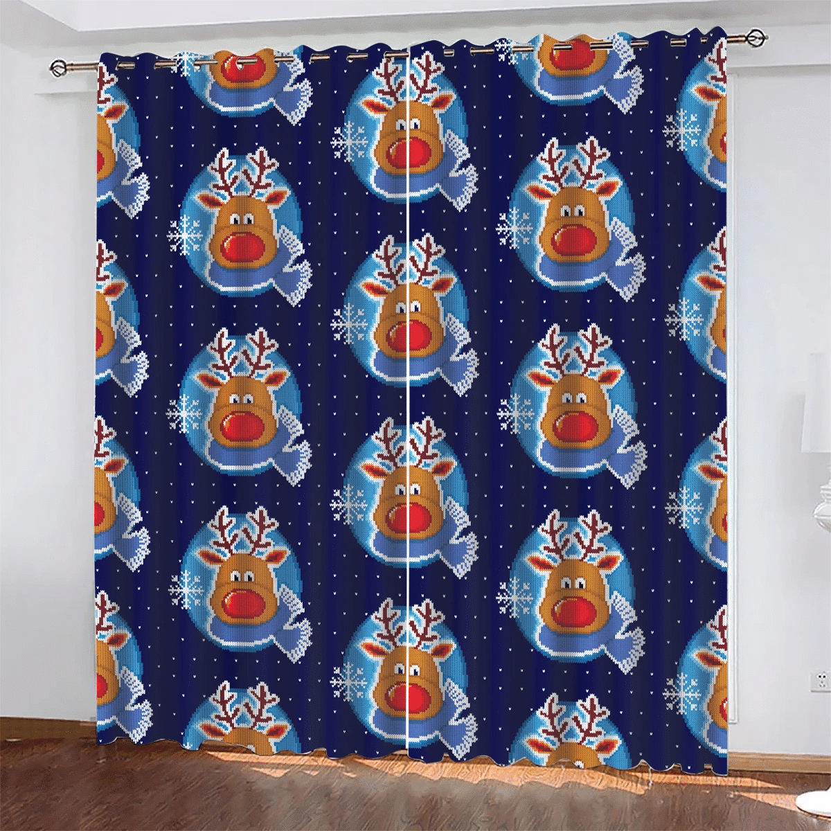 Xmas Deer Of Santa With Red Nose In Blue Scarf Window Curtains Door Curtains Home Decor