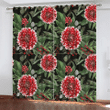 Red Dahlia Flowers With Christmas Berries Window Curtains Door Curtains Home Decor