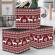 Christmas Festive Knitted White Deer And Snowflakes On Buffalo Plaid Background Storage Bin Storage Cube