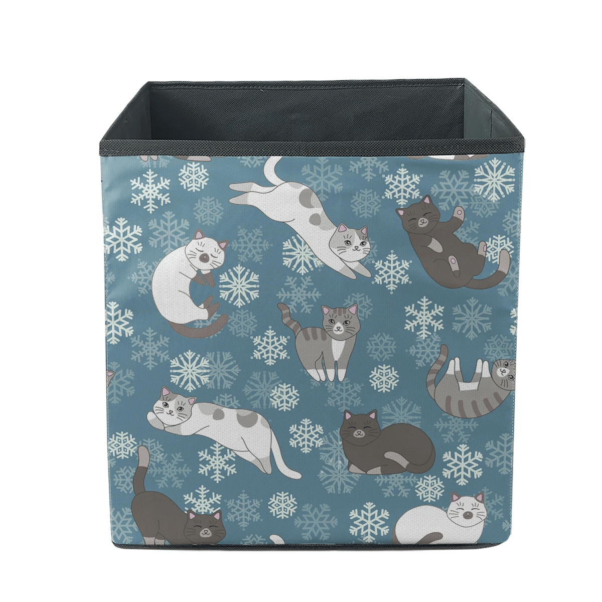 Sleeping And Playing Kittens Snowflakes On Blue Background Storage Bin Storage Cube