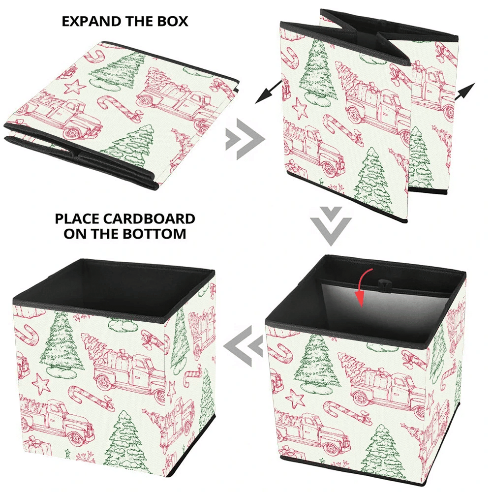 Retro Style Snowy Christmas Trees And Cars Red And Green Outline Pattern Storage Bin Storage Cube