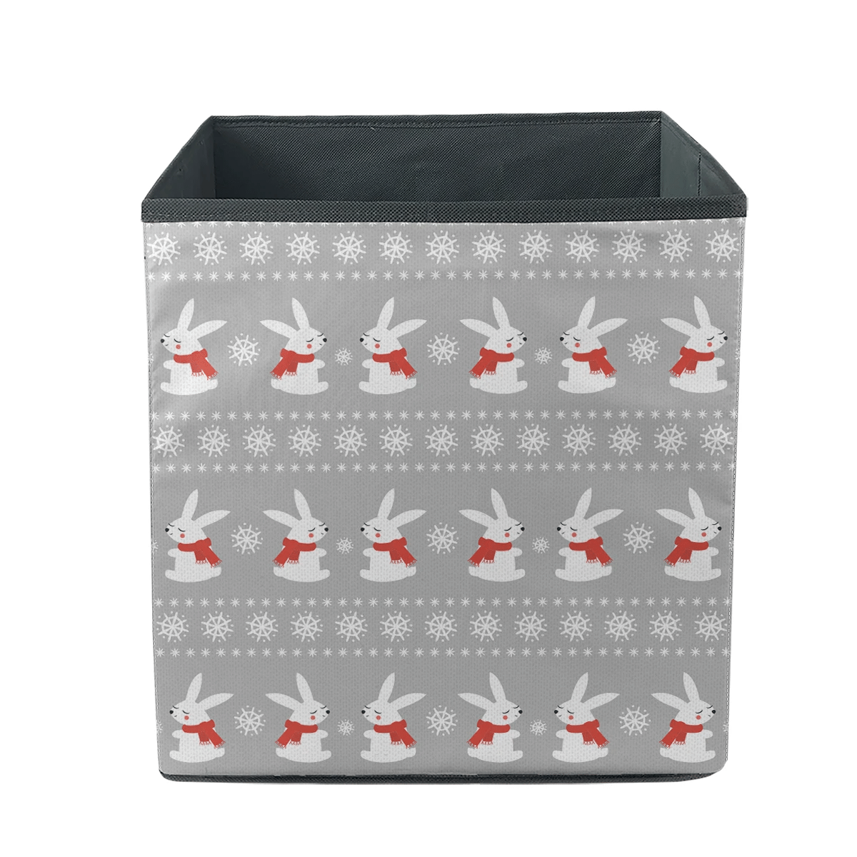 Cute Baby Rabbits Red Scarf With Snowflakes Pattern On Gray Background Storage Bin Storage Cube