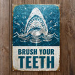Shark Brush Your Teeth Blue And White Rectangle Metal Sign