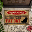 Warning Fat Cat Black Cat And Brown Background Doormat Home Decor