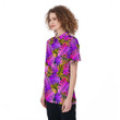 Purple And Yellow Neon Palm Leaf Printed Pattern Women Polo Shirt