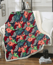 POR Orange Hibiscus Green Tropical Leaf Dark Background 3D Fleece Sherpa Blanket