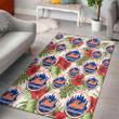 NYM Red Hibiscus Green Tropical Leaf Cream Background Printed Area Rug