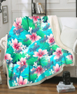 LAD Pink Hibiscus Green Leaf Blue Background 3D Fleece Sherpa Blanket