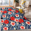 TB Rays Coral Red Hibiscus Blue Palm Leaf Black Background Printed Area Rug