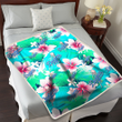LAD Pink Hibiscus Green Leaf Blue Background 3D Fleece Sherpa Blanket