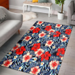 TB Rays Coral Red Hibiscus Blue Palm Leaf Black Background Printed Area Rug