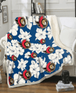 OTT White Big Hibiscus Blue Background 3D Fleece Sherpa Blanket