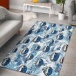 DAL Hibiscus Balm Leaves Blue And White Background Printed Area Rug