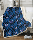 CHA Black Dark Blue Hibiscus Black Background 3D Fleece Sherpa Blanket