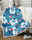 TOR White Hibiscus Turquoise Banana Leaf Navy Background 3D Fleece Sherpa Blanket