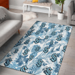 SEA Kraken Hibiscus Balm Leaves Blue And White Background Printed Area Rug