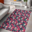 WSH Tiny Red Hibiscus White Porcelain Flower Black Background Printed Area Rug