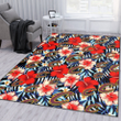 CLE Coral Red Hibiscus Blue Palm Leaf Black Background Printed Area Rug