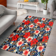 CLE Coral Red Hibiscus Blue Palm Leaf Black Background Printed Area Rug