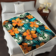 MIL Orange Hibiscus Blue Gray Leaf Black Background 3D Fleece Sherpa Blanket