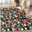 BKN Red Hibiscus Yellow Porcelain Flower Black Background Printed Area Rug