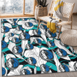 DAL White Hibiscus Turquoise Wave Black Background Printed Area Rug