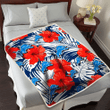 DET White Tropical Leaf Red Hibiscus Navy Background 3D Fleece Sherpa Blanket